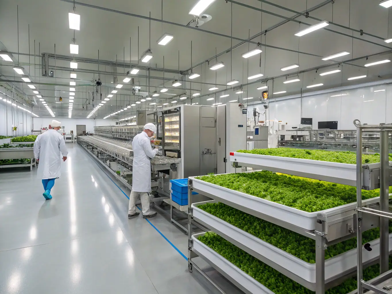 An image depicting a modern agricultural processing facility in Africa, with workers overseeing the production of high-quality food products.