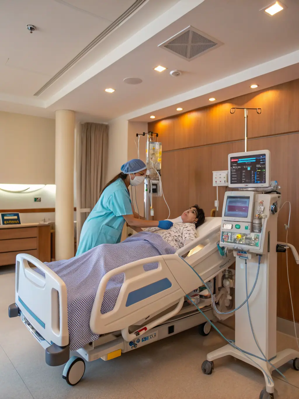 A modern hospital ward with advanced medical equipment and healthcare professionals attending to patients, symbolizing PanAfrican Equity's investment in healthcare.