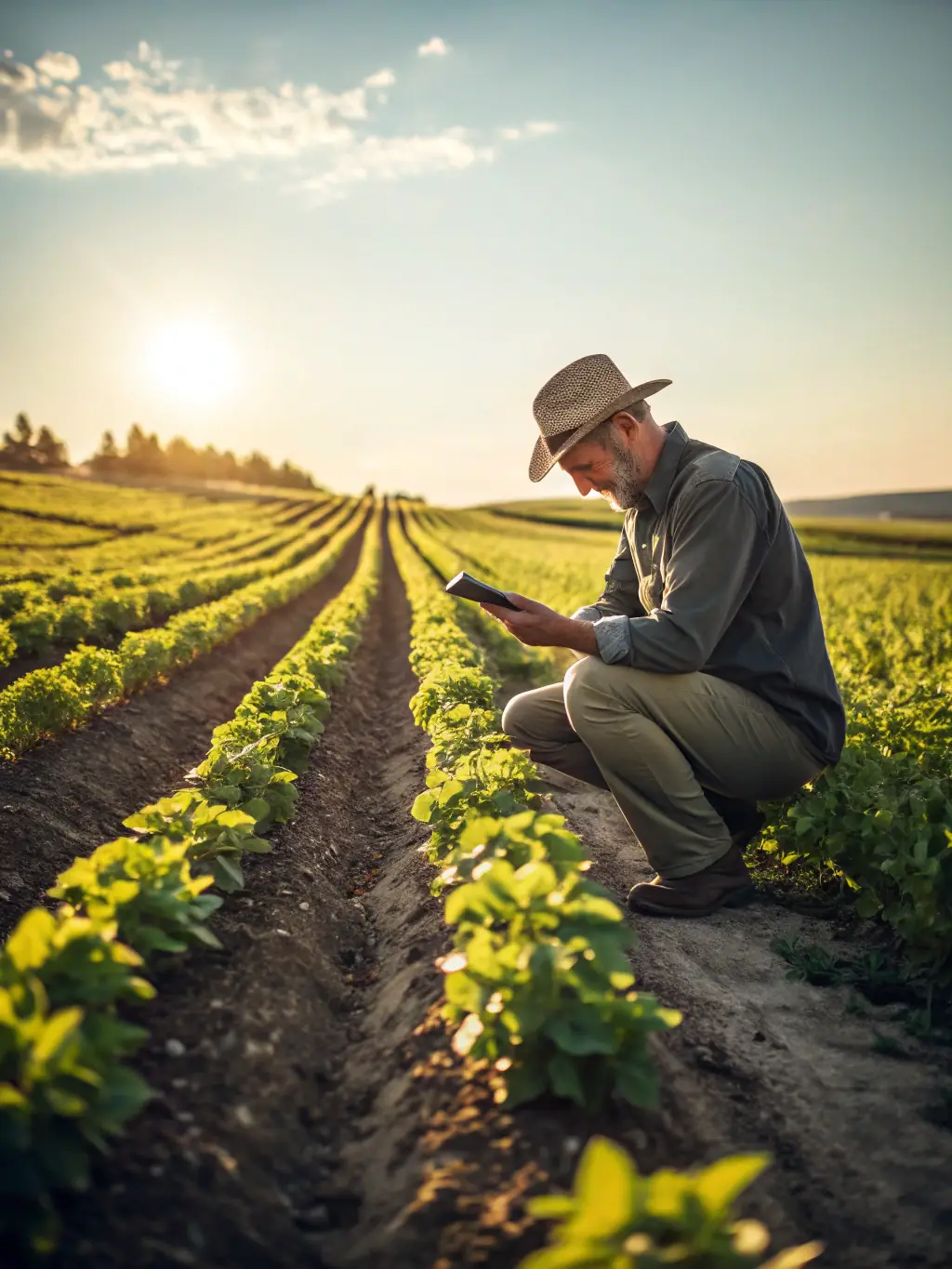 Farmer inspecting crops with modern irrigation systems in a lush field, showcasing PanAfrican Equity's commitment to agriculture modernization.