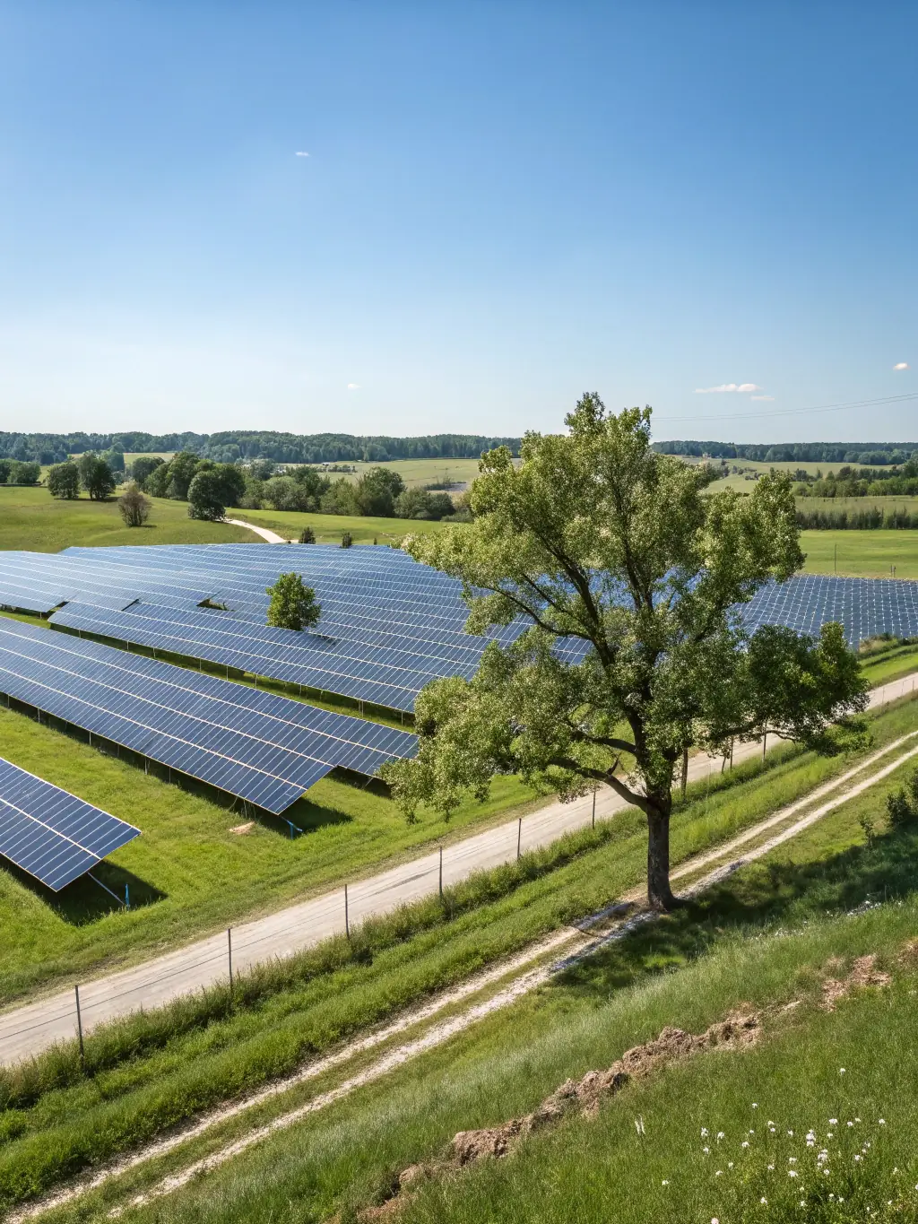Photograph of solar panels installed in a sunny field with a clear blue sky, representing PanAfrican Equity's investment in renewable energy.